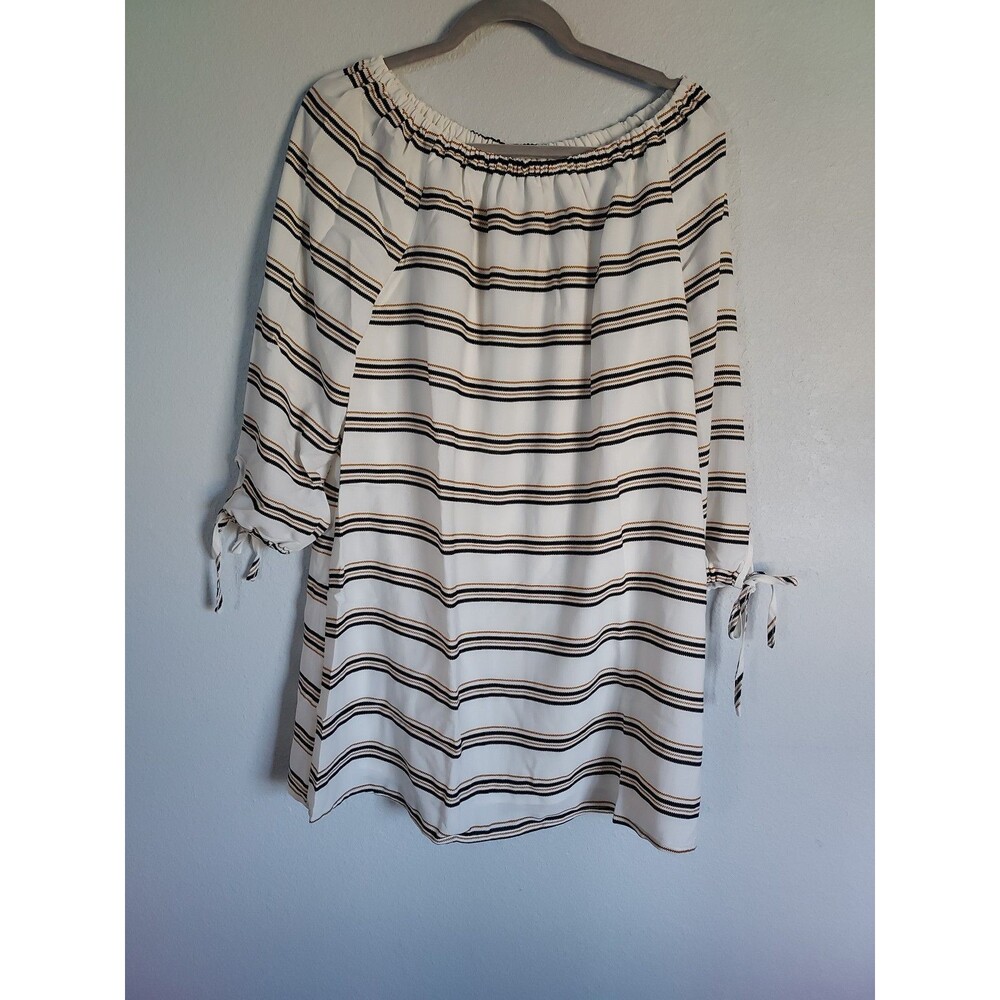 She & Sky Womens Striped Pullover Tunic Lined Dress 3/4 Tie Sleeve Sz Medium NEW